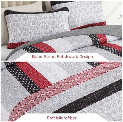 WONGS BEDDING Boho Queen Size Quilt Set, Black Red Striped Bedspread