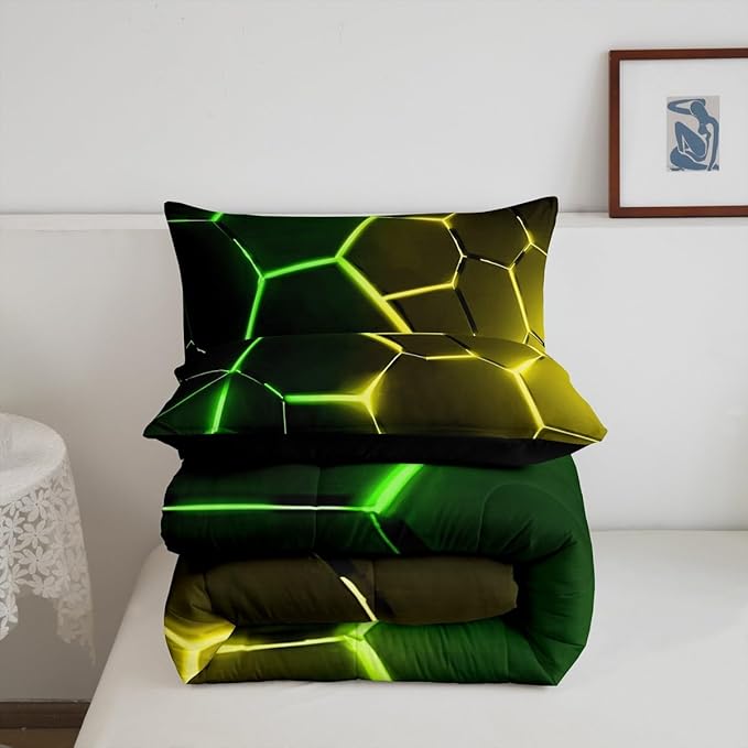 Feelyou Honeycomb Comforter Green Yellow Hexagonal Print Bedding Set for Kids Boys Girls Children Beehive Geometrical Comforter Set Ultra Soft Decor Reticulated Duvet Set King Size