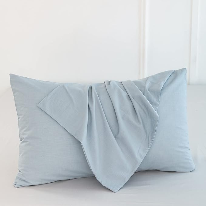 MooMee Bedding Pillowcases Pack of 2 100% Washed Cotton Linen Like Textured Breathable Durable Soft Comfy (Heathered Cornflower Blue, Standard)