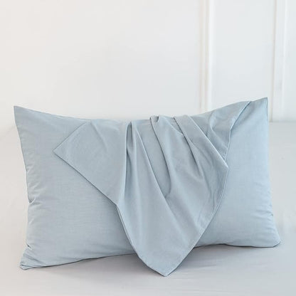 MooMee Bedding Pillowcases Pack of 2 100% Washed Cotton Linen Like Textured Breathable Durable Soft Comfy (Heathered Cornflower Blue, Standard)