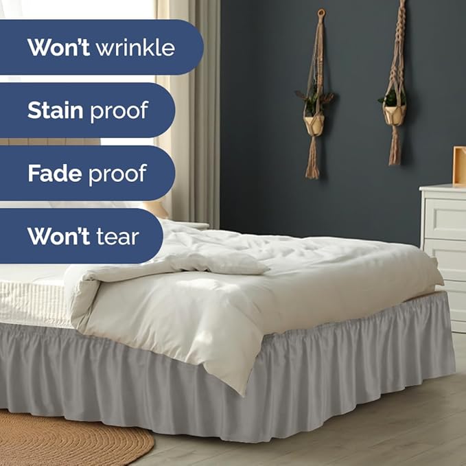 Wrap Around Dust Ruffle Bed Skirt - Light Grey - for King Size Beds with 18 Inch Drop - Elastic Strap - Adjustable Pleated Bedskirt with Brushed Fabric and Wrinkle Free - for Women, Men, Kids & Teens