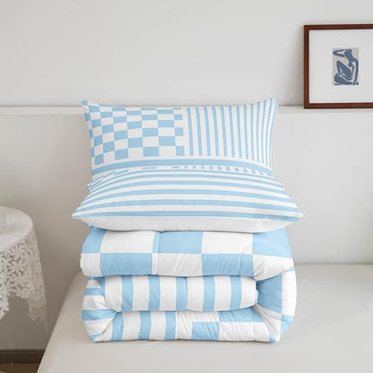 Blue Plaid Bedding Set Queen Size Fashion Buffalo Check Comforter Blue Stripes Geometric Comforter Set Modern Simple Style Duvet Set 3Pcs Quilt Set 1 Comforter Set with 2 Pillowcase