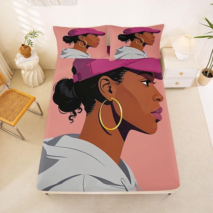 Erosebridal Black Girls Girls Bed Sheets Queen Size Fashion Black Woman Fitted Sheet Vogue Fashionable Gorgeous Bedding Set for Kids Children Women Bedroom Decor African Princess Magical Sheets