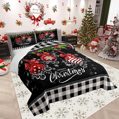 Black and White Grid Comforter Set Queen Size Merry Christmas Bedding Set for Kids Boys Girls Bedroom Decoration Red and Green Bed Duvet Insert Geometric Snowflake Comforter with 2 Pillowcase