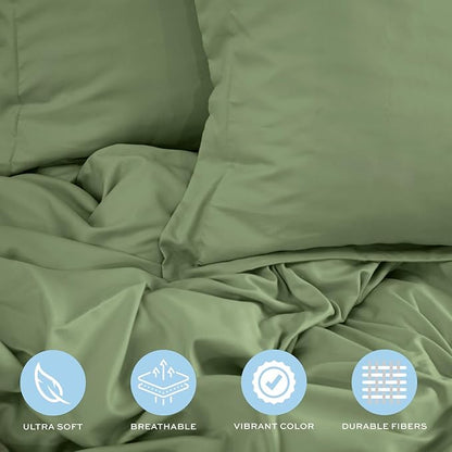 White Classic Sage Green Duvet Cover Queen Size, Microfiber Duvet Cover with Zipper, Duvet Cover Set with 2 Pillow Shams, Luxury Soft Comforter Cover Queen Size, 90 x 90 | Comforter Not Included