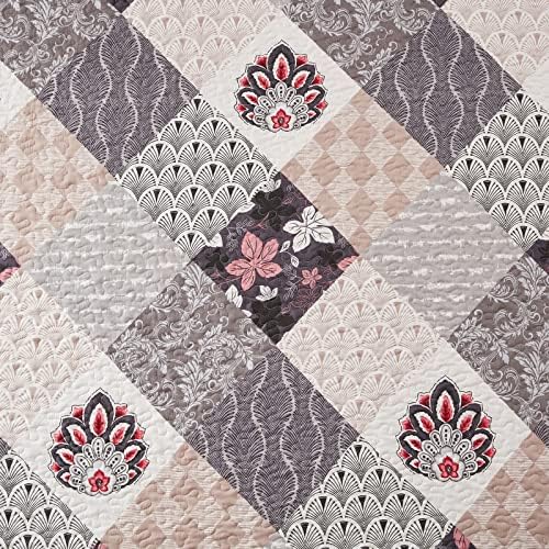 King Size Quilt Set 3 Pieces Lightweight Reversible Bedspread-98''x106'' Soft Patchwork Floral Coverlet Luxurious Warm Microfiber Bed Cover All Seasons Gray Bedding Set(1 Quilt,2 Pillow Shams)