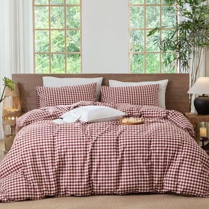 MooMee Gingham Duvet Cover Set 100% Washed Cotton Linen Like