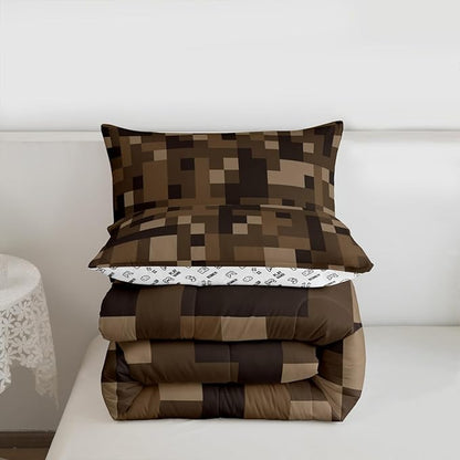 Manfei Pixelated Bedding Set Twin Size, Grid Army Camo Pixel Games Comforter Set，Cartoon Gamepad Video Games Quilt Comforter Boys Teens,Brown Room Decor All Season,1 Pillowcase