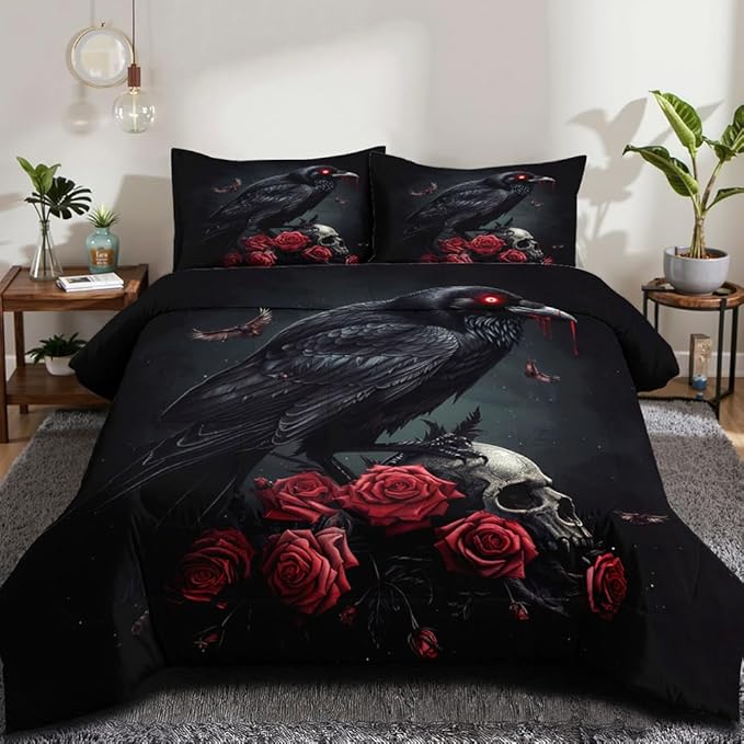 Black Crow Red Rose Skull Comforter Set King Size Halloween Gothic Roses Skeleton Bedding Set Holiday Decoration Bedding Black Floral Bird Down Comforters Soft Microfiber Comforter Sets