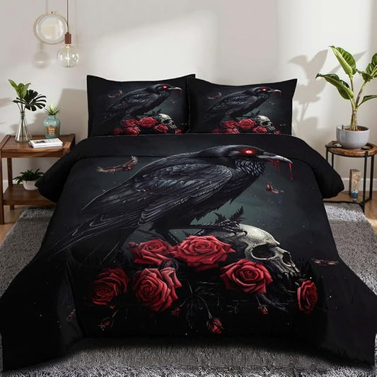 Black Crow Red Rose Skull Comforter Set King Size Halloween Gothic Roses Skeleton Bedding Set Holiday Decoration Bedding Black Floral Bird Down Comforters Soft Microfiber Comforter Sets