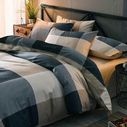 LifeTB Cotton Grid Plaid Duvet Cover Set Queen Modern Reversible Checkered Bedding Set Hotel Quality 3 Pieces Duvet Comforter Cover Luxury Soft Zipper Closure Bedding Collection (NO Comforter)
