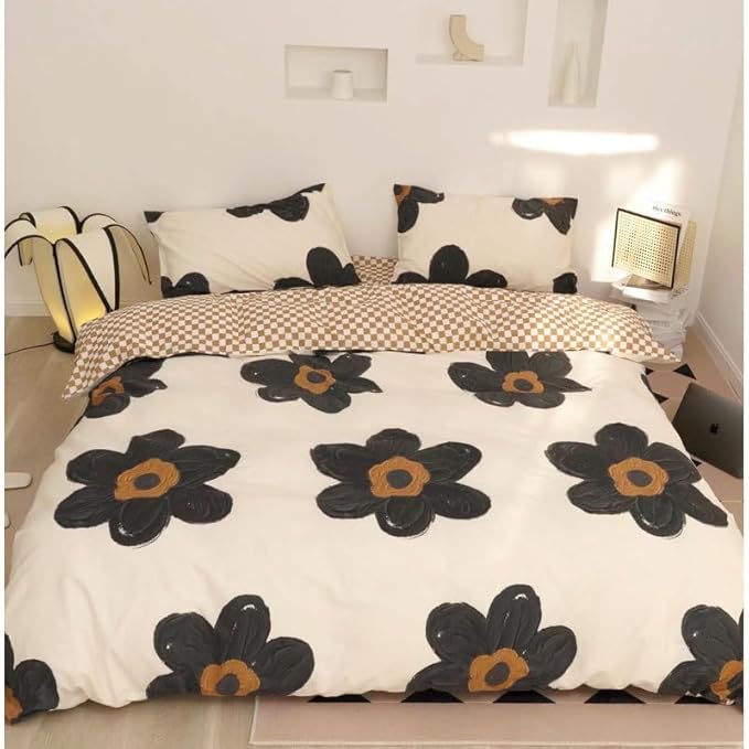 TRP 3-Piece Soft Durable Double Brushed Microfiber Floral Comforter Set Queen Size | Reversible Gingham Pattern Botanical Motifs Cute Bedding Cream Black Brown Colors | Smooth Texture Cozy Plush Feel