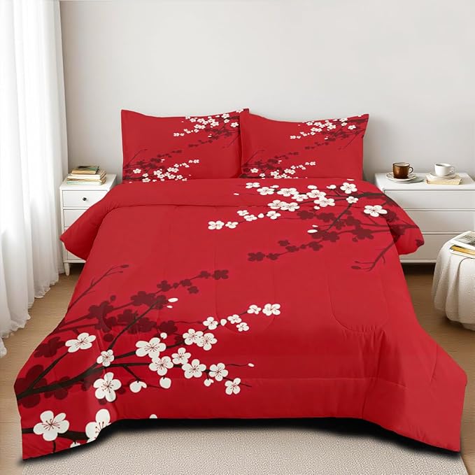 Red Oriental Comforter Set King Size Japanese Style Cherry Blossom Bedding Set for Girls Kids Teens 3 Pieces Asian Vintage Floral Bedding Soft Lightweight Comforter with 2 Pillowcases