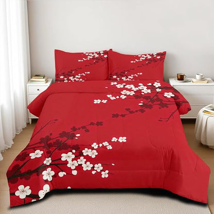 Red Oriental Comforter Set Queen Size Japanese Style Cherry Blossom Bedding Set for Girls Kids Teens 3 Pieces Asian Vintage Floral Bedding Soft Lightweight Comforter with 2 Pillowcases