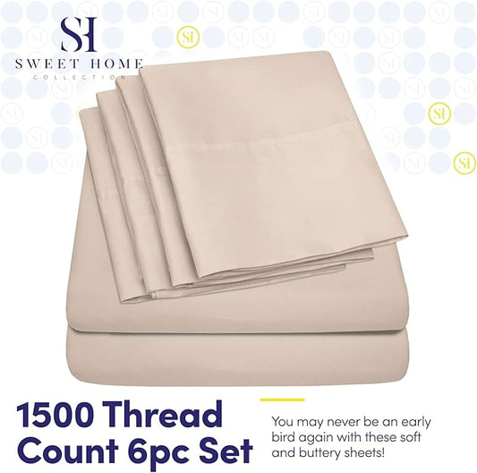Sweet Home Collection 6 Piece 1500 Supreme Collection Brushed Microfiber Deep Pocket Sheet Set-2 Extra Pillow Cases, Great Value, Rv Short Queen, Beige