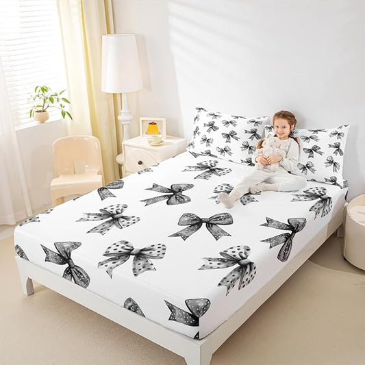 Erosebridal Bow Sheets for Boys Girls Ribbon Black Bow Fitted Sheet,Coquette Bowknot with Dots Kids Bedding Sets Dreamy Princess Bowtie Bed Sets Twin 2 Piece