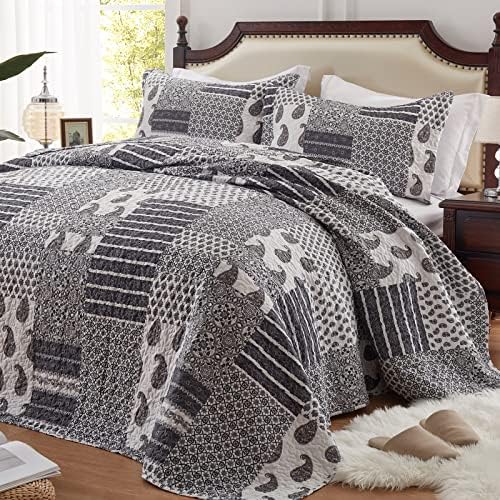 LEAONME Quilt Set Full/Queen Size 3 Piece Bedspread Coverlet Lightweight Comforter Microfiber Bedding Set for All Season Oversized 90x98 Inch Bed Cover Floral Paisley Gray(1 Quilt,2 Pillow Shams)