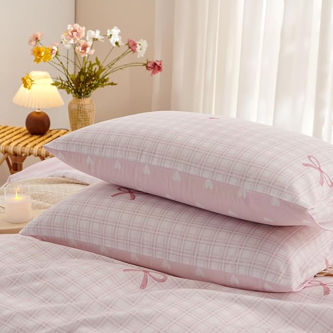Pink Twin Comforter Set - Pink Bow Quilt Bedding Set 2 Pieces, Heart Comforter Set Twin Size, Soft & Lightweight Comforter(68‘’ x 90‘’) for Girl All Season & 1 Pillowcase(30‘’x20‘’)