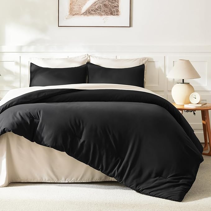 Litanika Oversized King Comforters Black Super King Plus Size, 3 Pieces Lightweight Solid Bedding Comforter Set, All Season Fluffy Bed Set (128x120In Comforter & 2 Pillowcases)