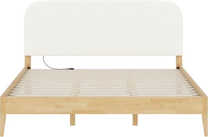 KISLOT Wood Bed Frame with USB & Type-C, Boucle Headboard, Cream, King | Platform Bed, Mattress Foundation, No Box Spring Needed, Easy Assembly