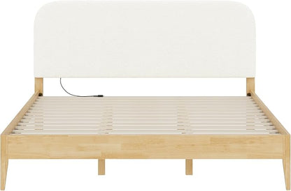 KISLOT Wood Bed Frame with USB & Type-C, Boucle Headboard, Cream, King | Platform Bed, Mattress Foundation, No Box Spring Needed, Easy Assembly