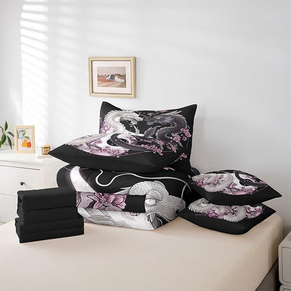 Feelyou Dragon Comforter Set 7 Pieces King Size Yin Yang Cherry Flower Bedding Set for Boys Girls Wildlife Bed in a Bag with Comforter, Sheets, Pillowcases & Cushion Covers