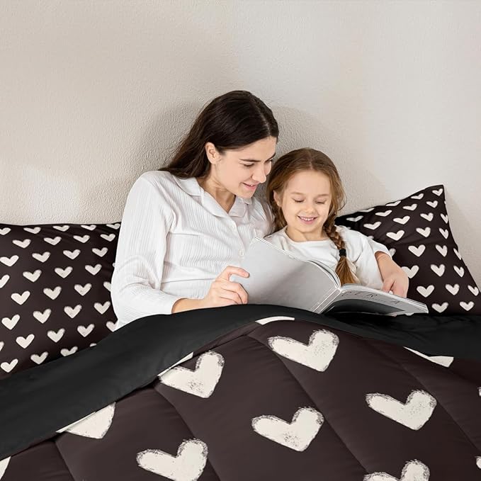 Black White Comforter Set Twin Size Cute Heart Pattern Bedding For Kids Boys Girls Valentine Day Gift Quilt Cartoon Love Geometric Duvet Insert Love Heart Bedding Sets Soft Warm Down Comforter 2Pcs