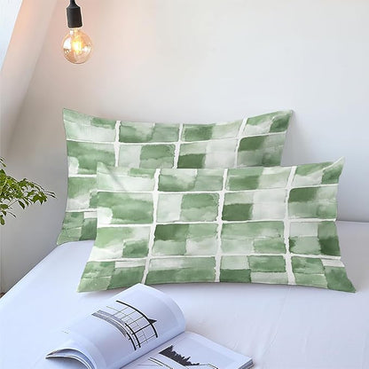 3Pcs Adults Green Geometric Checkered Bedding Set, Modern Geometric Comforter Set Queen Size, Dorm Bed Set for Bedroom Decor with Comforter (90" x 90") and 2 Pillowcases