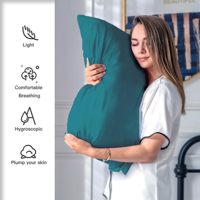 Mulberry Silk Pillowcase for Hair and Skin Standard Size 20"X 26" Pillow Case with Hidden Zipper Soft Breathable Smooth Cooling Silk Pillow Covers for Sleeping (Teal,Standard,1Pcs)