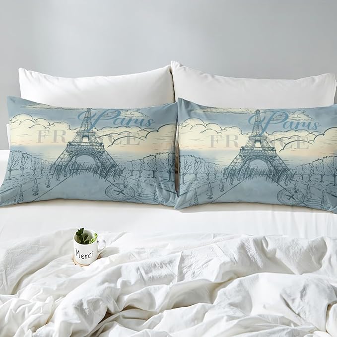 Eiffel Tower Bed Sheets Set Retro Paris Style Fitted Sheet Vintage Cityscape Bedding Set for Bedroom Decor Boys Girls Landmark Sheet (Twin Flat Sheet & Fitted Sheet with 1 Pillow Case)
