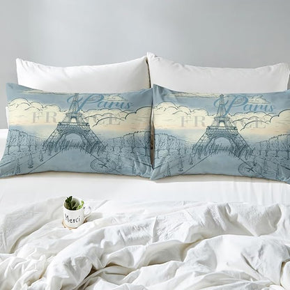 Castle Fairy Eiffel Tower Bedding Set Retro Paris Style Duvet Cover Set Vintage Cityscape Comforter Cover Boys Girls Landmark Bedspread Cover Bedroom Quilt Cover Full with 2 Pillowcase,No Comforter