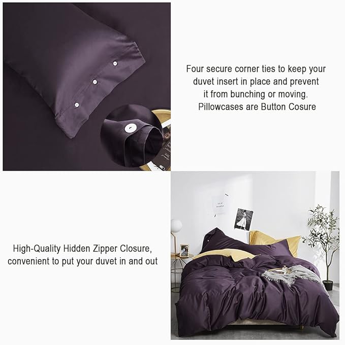 EAVD Solid Color Dark Purple Duvet Cover Queen Soft 100% Cotton Purple Bedding with 2 Button Pillowcases Luxury Modern Style Purple Comforter Set with Zipper Closure(NO Comforter)