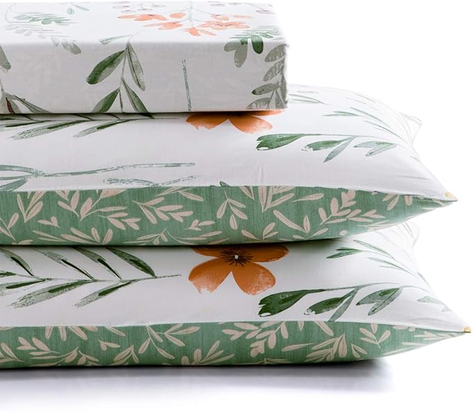 SLEEPBELLA Duvet Cover Set 600 Thread Count Cotton Bedding Set (Full, White&Green Floral)