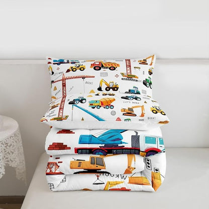 Tractor Comforter, Excavator Machinery Trucks Bedding Set Full Size, Construction Vehicle Down Comforter, Bulldozer Crane Equipment Truck Quilt Set For Child Teens 3Pcs Bedroom Decor, Yellow Green