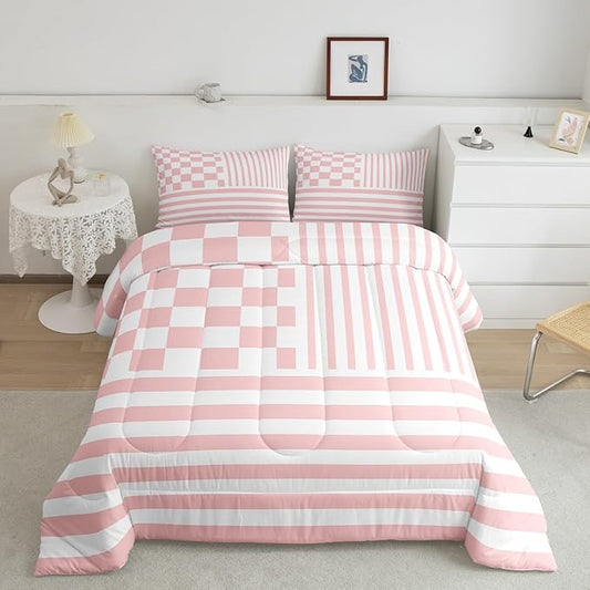 Pink Check Comforter Set Fashion Buffalo Plaid Bedding Set Modern Simple Style Bedding Home Decor Pink Stripes Geometric Comforter Full Size Quilted Duvet Set 1 Comforter with 2 Pillowcase