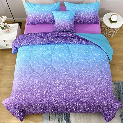 JQinHome Full Blue Purple Comforter Set, 6 Piece Bed in A Bag 3D Colorful Ombre Bedding Set for Girls Women (1 Comforter,2 Pillowcases,1 Flat Sheet,1 Fitted Sheet,1 Cushion Cover)(Blue Purple)