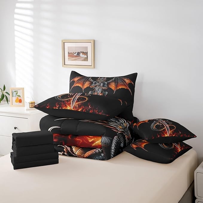 Feelyou Medieval Dragon Comforter Set 7 Pieces Twin Size Sword Fire Pattern Bedding Set for Boys Girls Ancient Wildlife Bed in a Bag with Comforter, Sheets, Pillowcases & Cushion Covers