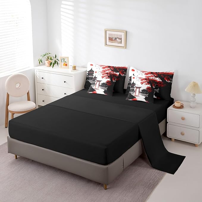 Erosebridal Japanese Full Comforter Set with Sheets 7 Piece Sun Cherry Blossom Bedding Set for Girls Women Watercolor Black Red Mountain Sakura Floral Bed in A Bag Asian Chinese Ink Sheet Set