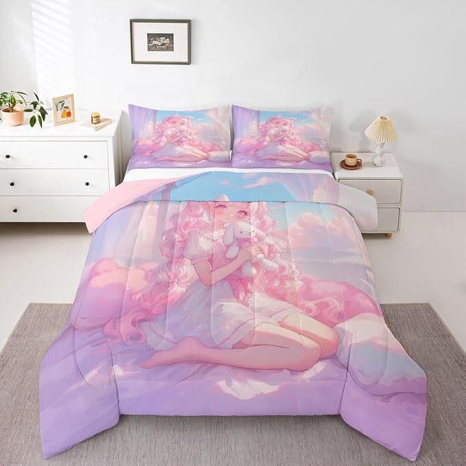 Erosebridal 3D Japanese Girl Bedding Sets Queen - Romance Style Comforter Set for Kids Adults Japanese Anime Girly Duvet Insert Anime Gifts Quilt