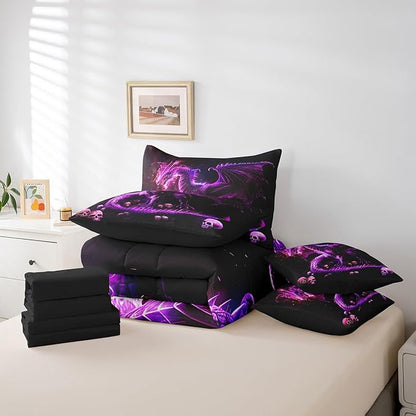 Castle Fairy 3D Dragon Comforter Set,Gothic Halloween Skull Bedding Set for Kids Boys Girls Room Decor,Western Dragon Animal (Comforter+Fitted+Flat Sheet+2 Pillowcases+2 Throw Pillow Covers