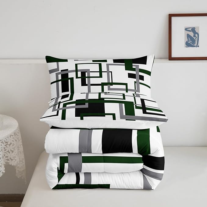 Erosebridal Black and White Green Queen Comforter Set,Squares Bedding Set for Kids Boys Girls,Modern Geometric Quilt Set,Mid Century Novelty Duvet Insert with 2 Pillowcases Warm