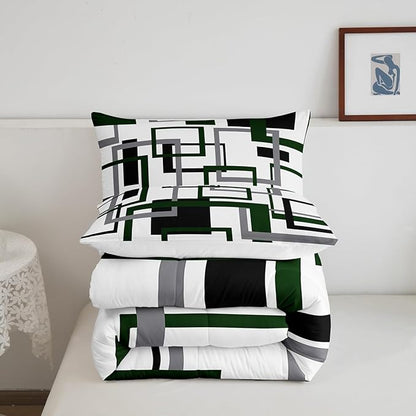 Erosebridal Black and White Green Queen Comforter Set,Squares Bedding Set for Kids Boys Girls,Modern Geometric Quilt Set,Mid Century Novelty Duvet Insert with 2 Pillowcases Warm