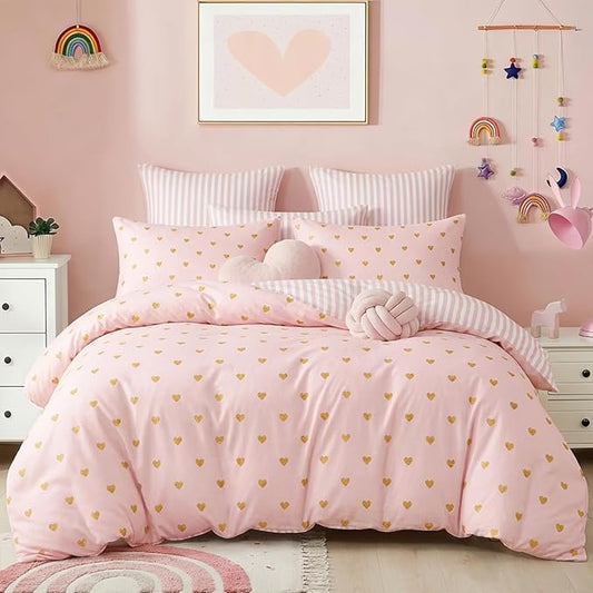 Pink Comforter Set Full Gold Heart Bedding Set for Girls Kids, Reversible Pink White Wide Striped Design, Cute Coquette Comforter 3 Pieces, with 2 Pillowcases, Soft 100% Microfiber