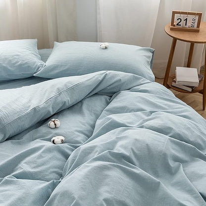 FACE TWO FACE Bedding Duvet Cover Set100% Washed Cotton Duvet Cover Linen Like Textured Breathable Durable Soft Comfy(Queen, Light Blue)