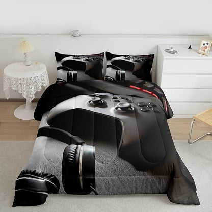 Feelyou Gaming Bedding Set Boys Game Controller Comforter for Kids Girls Teens Modern Gamer Headset Comforter Set Youth Gaming Console Video Game Decor Duvet Set with 2 Pillow Case King Size Black
