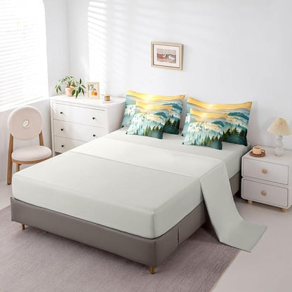 Erosebridal Smoky Mountain King Comforter Set with Sheets 7 Piece Gold Sun Sunrise Bed in A Bag Woodland Pine Tree Bedding Sets for Kids Adults,Natrue Bed Set