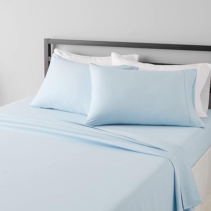 Amazon Basics Lightweight Super Soft Easy Care Microfiber 4-Piece Bed Sheet Set with 14-Inch Deep Pockets, King, Light Blue, Solid