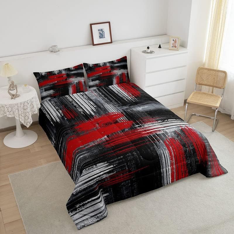 Red Black and Grey Comforter Geometric Artistic Smear Comforter Set Abstract Graffiti Art Bedding Set Contemporary Modern Brush Design Duvet Set Room Decor Quilt Set Full Size