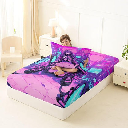 Erosebridal Fashion Girls Twin Bed Sheets Japanese Girl Fitted Sheet,Girly 3D Gaming Kids Bedding Sets Fashion Pink Coquette Sheets with 1 Pillowcase