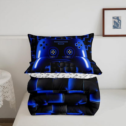 Gaming Full Size Comforter Sets For Kids Boys Teen Girls Game Controller Bedding Set 3Pcs Gamer Comforter For All Season,Blue And Black Geometric Checkered Quilt Set For Young Men,Soft Lightweight